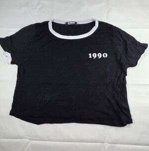 G Mini Black And White Ringer Crop Top With 1990 Print.  Size Small Sku 0278